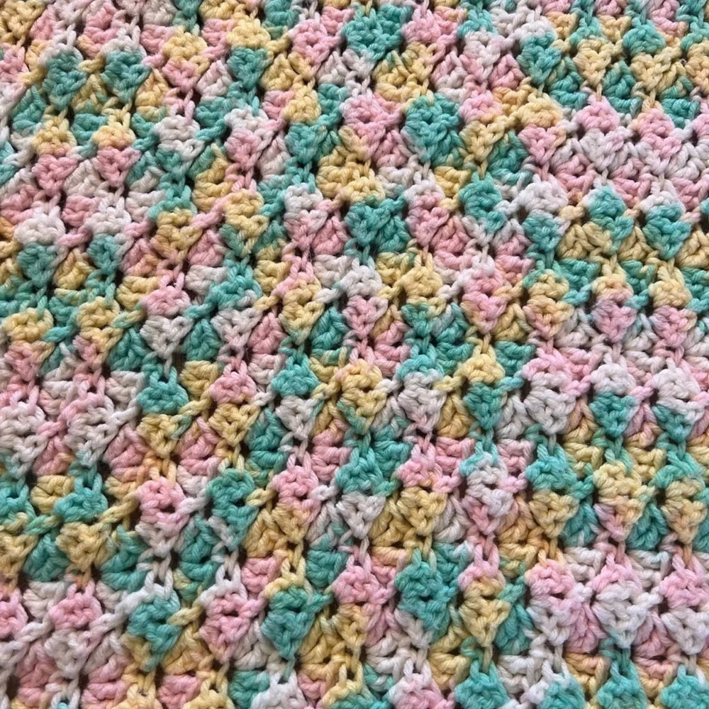 Handmade Teal, Yellow, Pink, & White Crochet Blanket Multicolor